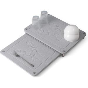 Nested Dish Drying Stone Mat | 2 Pcs Diatomaceous Earth Stone Drying Mats for Kitchen Counter with Non-Slip Feet | Collapsible Large Drying Stone for Dishes - Light Gray (15.8" x 11.8")