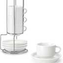 MALACASA 2.5 OZ Porcelain Espresso Cups with Saucers and Metal Stand Set of 4, Stackable Cappuccino Cups, White Expresso Shots Cup Set for Coffee Drinks, Latte, Tea