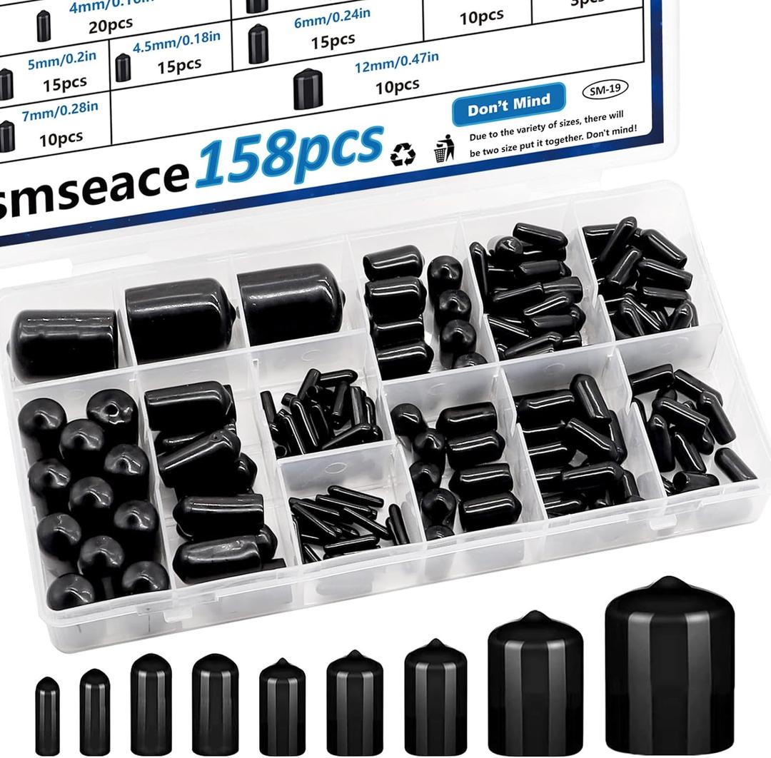 smseace 158Pcs Rubber End Caps 12-Sizes 2/25 Inch to 4/5 Inch for Bolts Screw Vinyl Round Rubber tip Cap