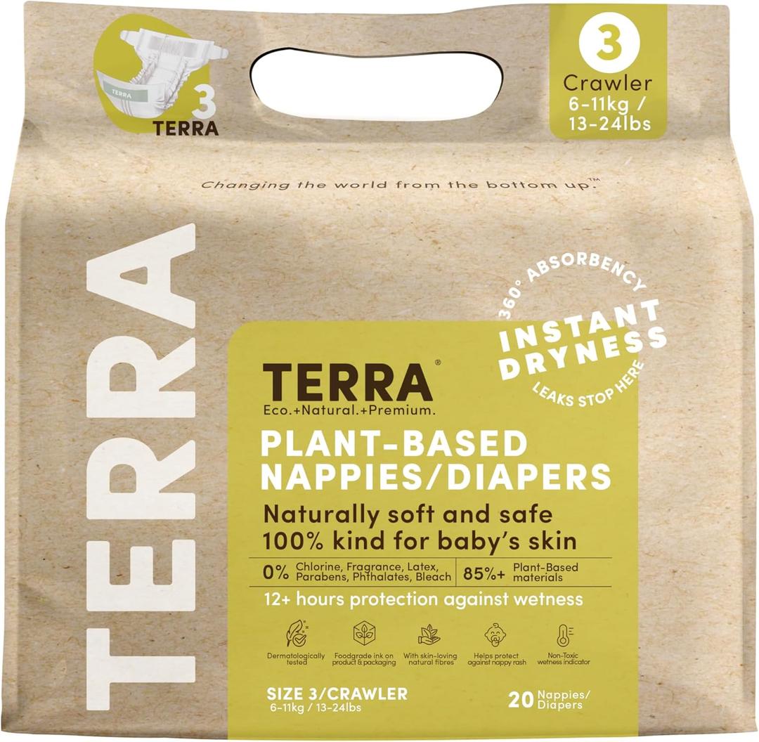 Terra Diapers Size 3: 85% Plant-Based Diapers, Ultra-Soft & Chemical-Free for Sensitive Skin, Superior Absorbency for Day or Nighttime Diapers, Designed for Babies 13-24 Pounds, 20 Count