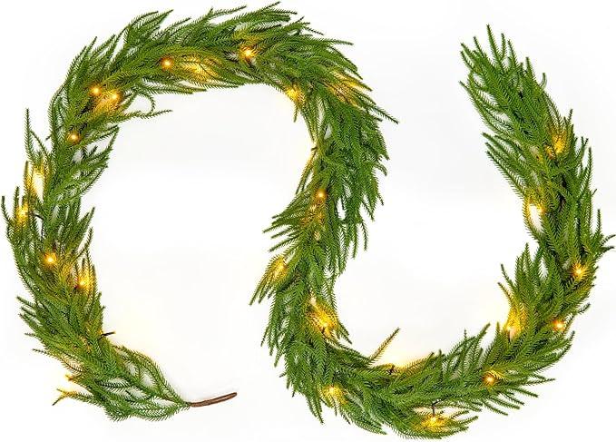 9FT Real Touch Norfolk Pine Christmas Garland with Light Winter Artificial Faux Greenery Garland Table Mantle Stairs Fireplace Wall Decor Outdoor Indoor Porch Home Decorations (Battery Not Included)