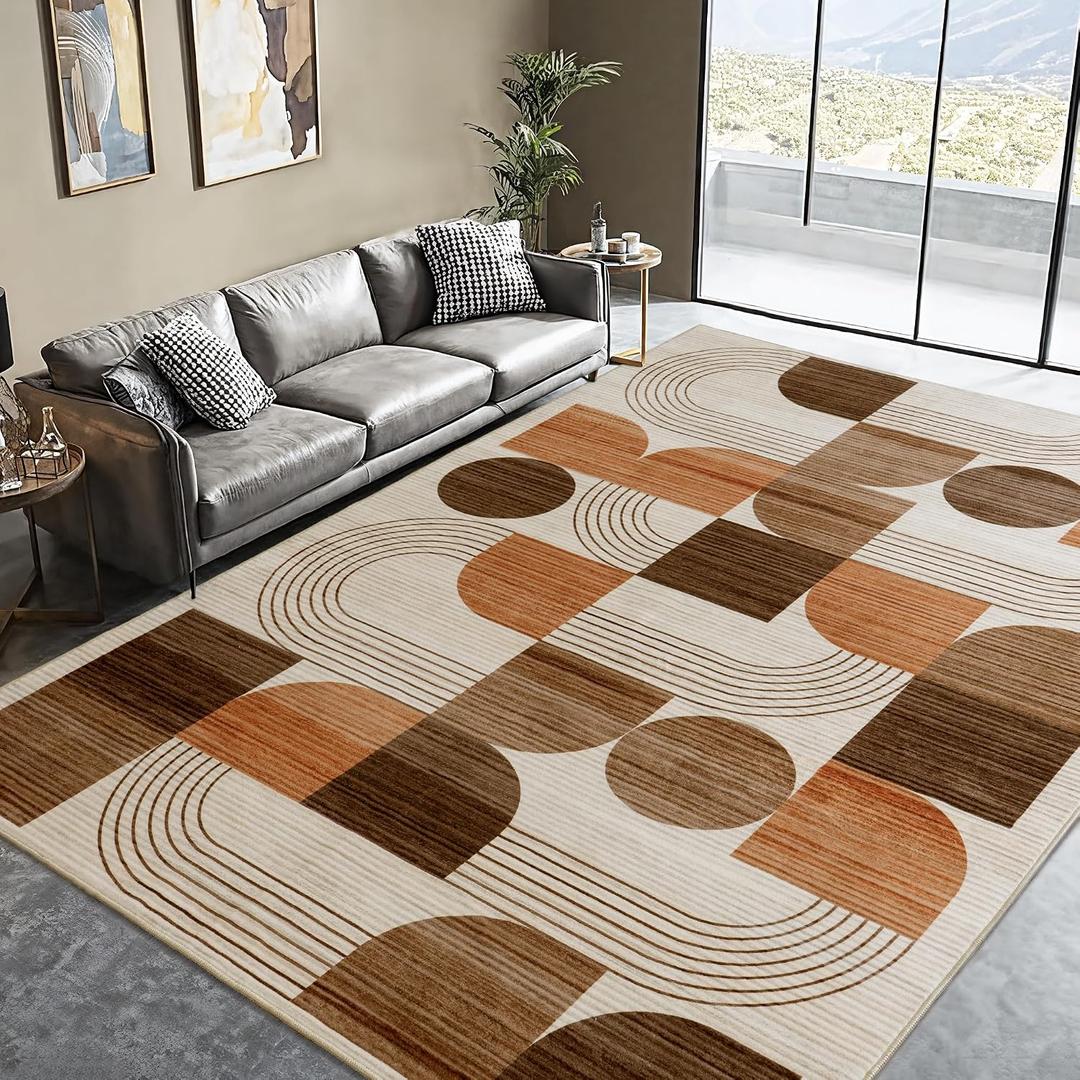 Large Machine Washable 8x10 Area Rug, Soft Modern Geometric Abstract Orange Rugs for Bedroom Living Room, Non-Shedding Faux Wool Indoor Throw Floor Carpet for Office Entryway Dining Room Decor