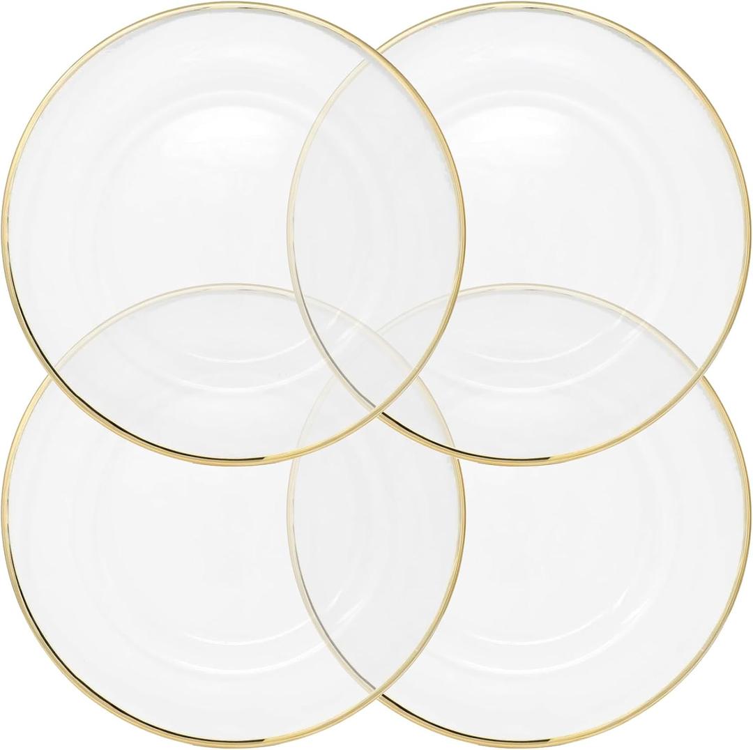 Clear Glass Charger 13 Inch Dinner Plate With 0.5 CM Metallic Rim - Set of 4 - Gold