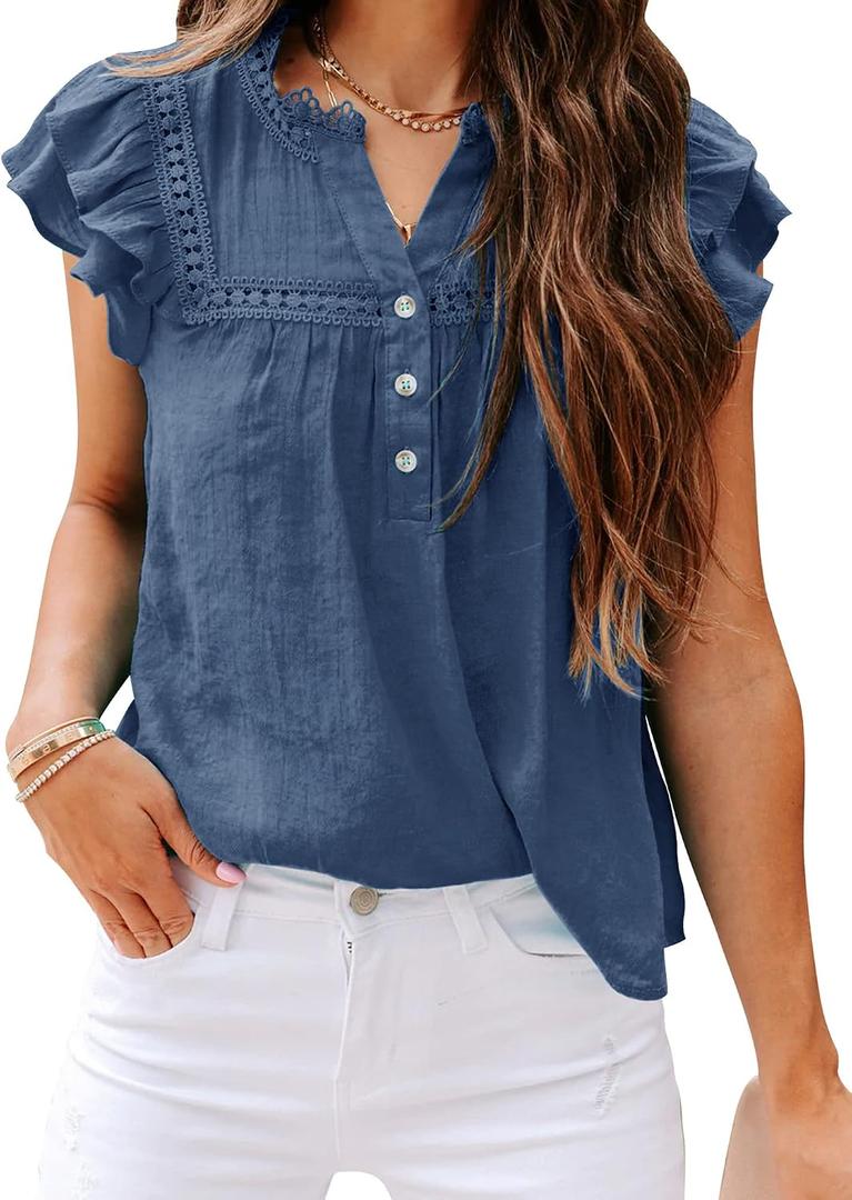 Women's V Neck Lace Crochet Shirts Button Down Short Sleeve Casual Blouse Tops (Blue, L)