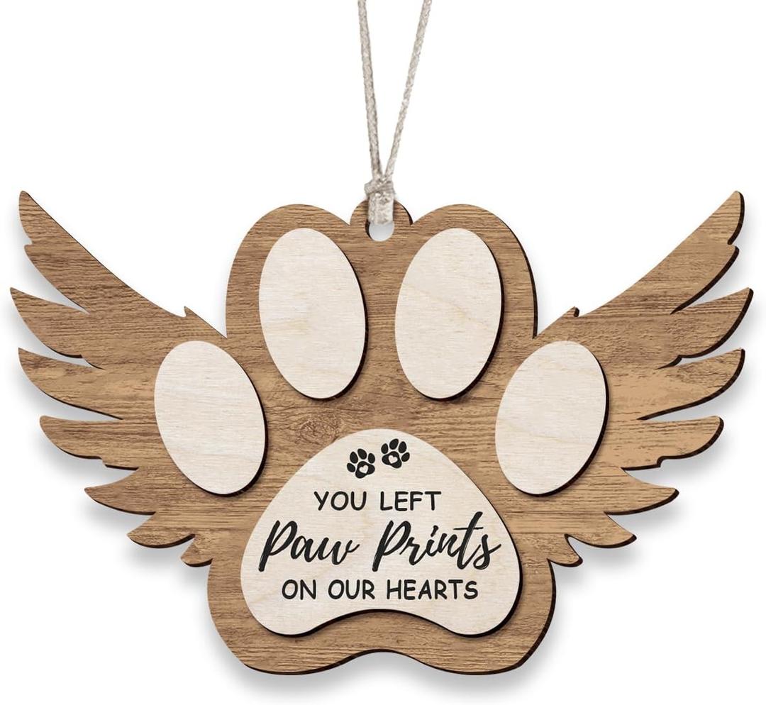 2 x Angel Wings Paw Print Christmas Ornament  Pet Memorial Ornament for Dogs, Sympathy Gift for Bereaved Pet Owners, Remembrance Keepsake for Dog Lovers, Wooden Xmas Ornament