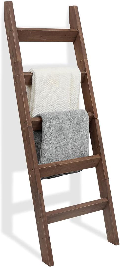 FUIN 5ft (58") Wood Blanket Ladder Living Room Decorative Wall Leaning Farmhouse Quilt Display Holder Storage Rustic Wooden Towel Rack for Bathroom, Brown
