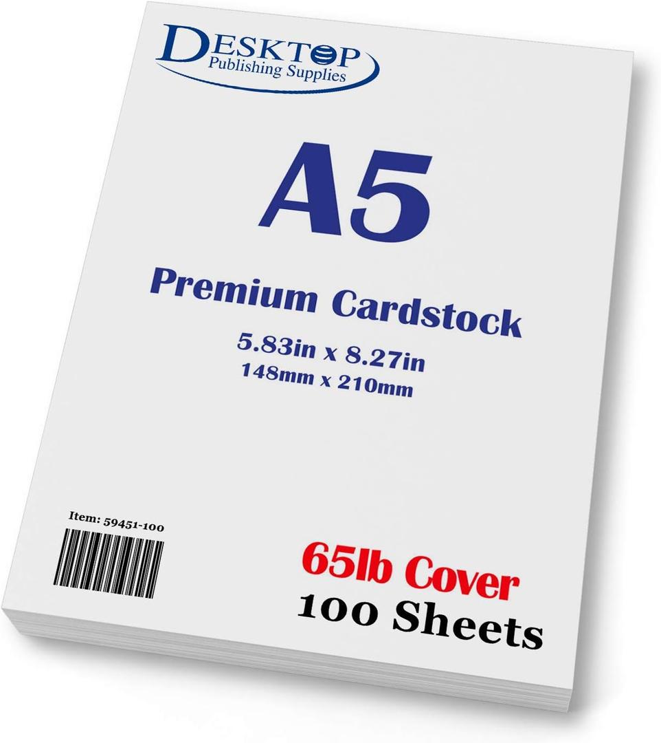 Premium A5 (8.3"x 5.83") Cardstock - 65lb Cover (176 gsm) White (250 Sheets)