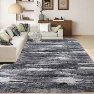 Shag Rugs for Living Room 8x10, Ultra Soft Abstract Grey Big Fuzzy Rugs for Bedroom, 8 x 10 Fluffy Shaggy Plush Carpet Girls Kids Room Dorm Upgrade Non-Slip, Abstract Grey