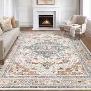 9x12 Area Rug Living Room: Washable Boho Large Neutral Vintage Soft Rugs Stain Resistant Farmhouse Non Slip Indoor Floor Carpet for Bedroom Nursery Kids Playroom Office Dining Room- Beige Blue (9' x 12')