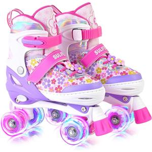 SULIFEEL Rainbow Unicorn 4 Size Adjustable Roller Skates for Girls Boys for Kids Ages 3-5 5-8 6-12 Children Skates Indoor Outdoor (Large - Youth, H Floral Rose)