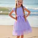 Girl Summer Dress Polka Dot Casual A-line Flutter Ruffle Sleeve Double Layer Flowy Dress 5-13 Years (Purple)