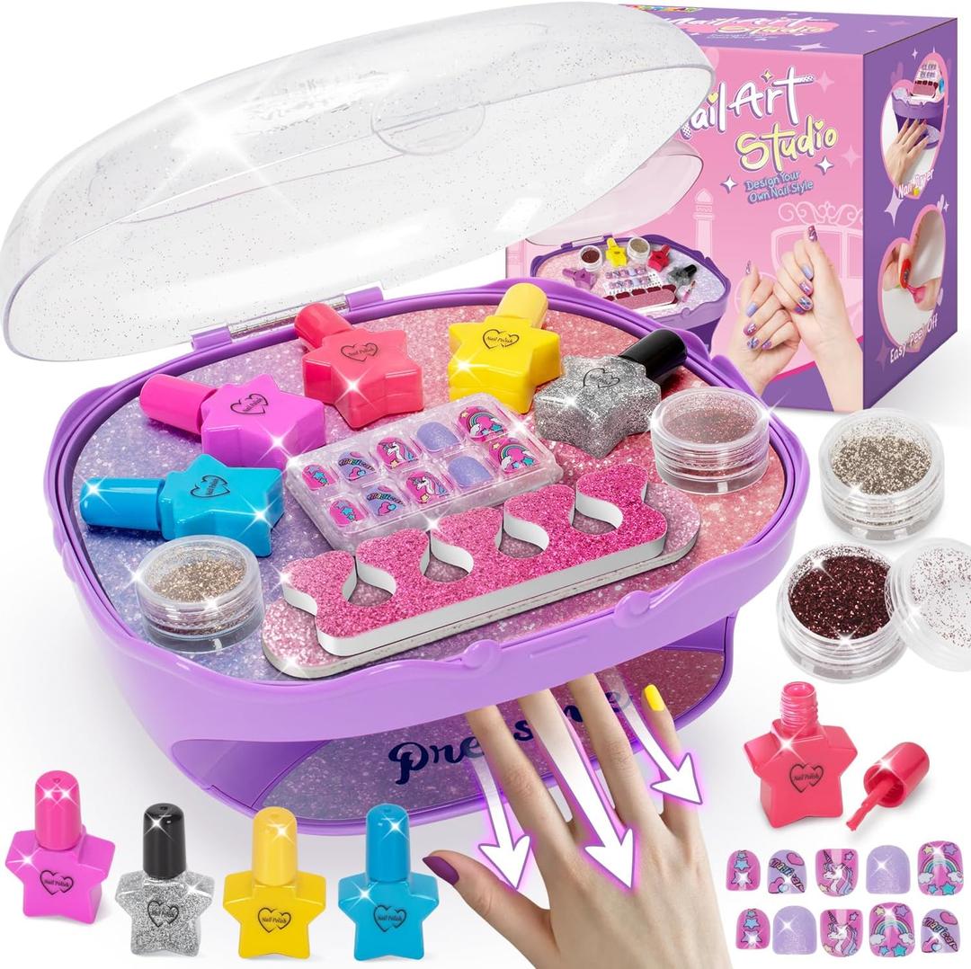 Girls Nail Polish Set Purple, Toys for Girl Age 5 6 7 8 9 10, Nail Care Kit with Nail Polish, Nail Dryer, Fake Nails, Nail Glitter, Filer and Toe Separator, for Girls 5-8