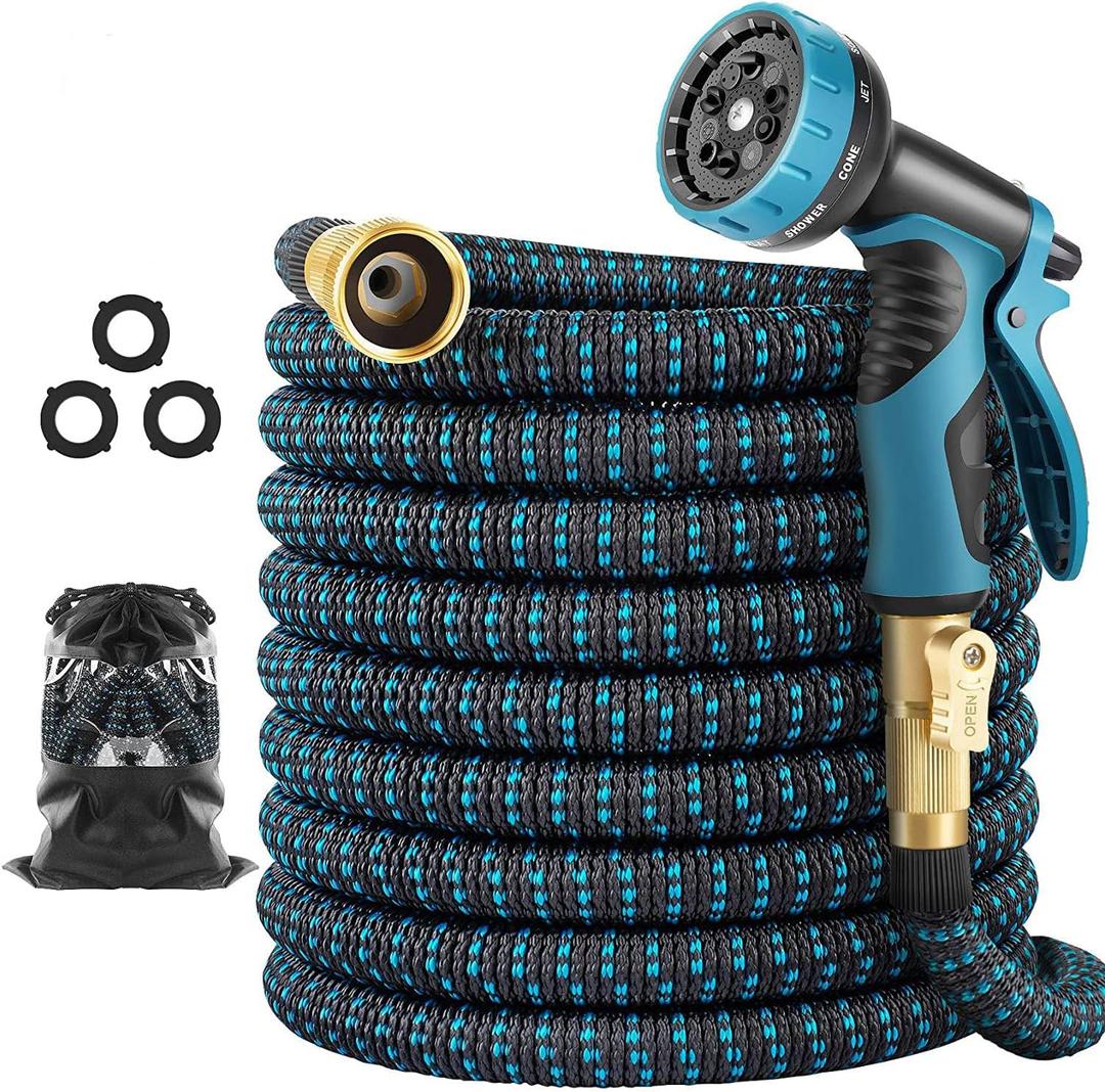 200 ft Expandable Garden Hose w/10 Functions Spray Nozzle, Water Hoses with 3/4" Solid Brass Connector, Flexible Lightweight Hose Expanding Water Pipe for Car Washing, Gardening, Black/Blue