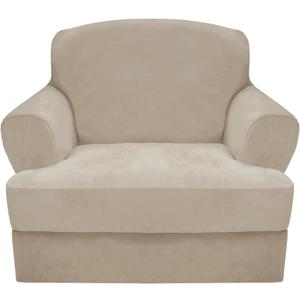CUCRAF T Cushion Sofa Cover 2 Piece Armchair Slipcovers, Soft Thick Velvet Couch Cover for Living Room, Washable High Stretch Furniture Protector with 1 Cushion Chair Slipcover (Chair, Ivory)
