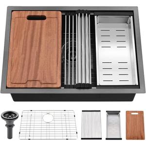 27 Inch Black Undermount Kitchen Sink Workstation-Bokaiya 27x19 Stainless Steel Undermount Sink 16 Gauge Deep Single Bowl Kitchen Sinks with Cutting Board (27 W x 19 D x 10 H, Black(Workstation)
