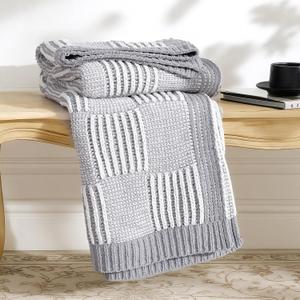 Amlie Home Checkered Knit Throw Blanket for Couch, Chenille Texture Decorative Soft Blanket for Sofa & Chair, 50"x60", Grey & White (Checkered Gray & Ivory)