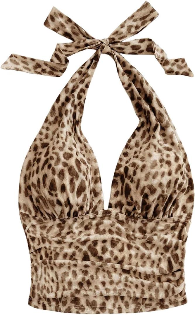 SweatyRocks Women's Summer Open Back Cheetah Print Ruched Going Out Fitted Halter Tanks Crop Top (Medium, Multicolor)