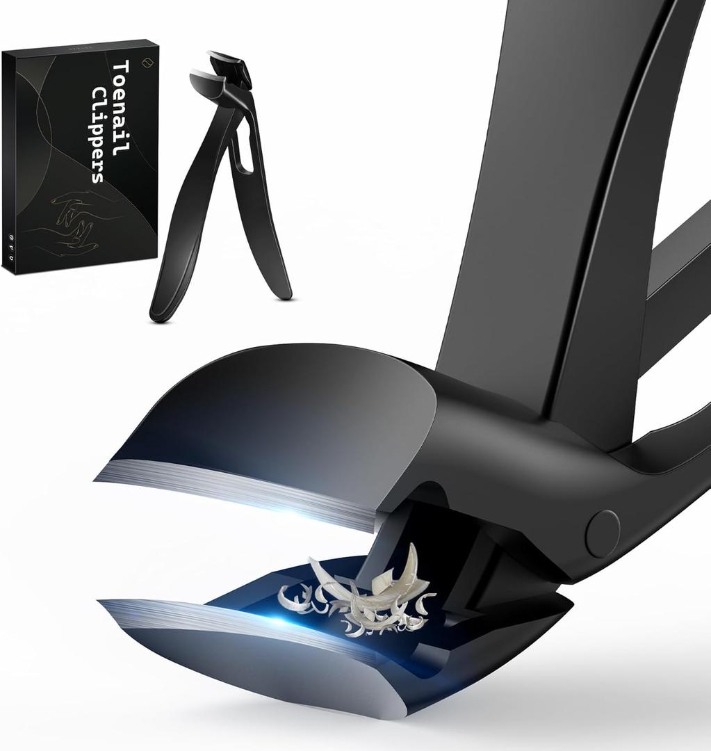 FERYES Angled Head Long Handled Toenail Clipper for Seniors - Large Wide Jaw Nail Clipper with Catcher for Thick Nails - Easier Trimming, Ergonomic Design (Black)