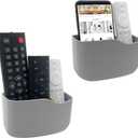 SUNFICON 2 Pack Adhesive Remote Control Holder Gray Wall Mount Media Player Controller Holder Universal TV Remote Organizer Caddy Box Tray Hollow Bottom Easy Phone Charging Home Office Desk Nightstand