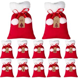 Syhood 12 Pcs Christmas Velvet Drawstring Candy Gift Bags with White Poms 7x5 Inch Santa Gift Wrap Bags Small Santa Claus Sacks with Kraft Tags 32.8 Feet Rope for Xmas Present(Red)