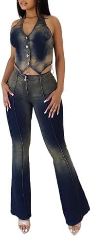 acelyn Women’s Denim Set Vintage Denim Stretch Halter Top and Flare Jeans Outfits Summer Two Piece Outfits Dressy Pants Suits Size 2XL 