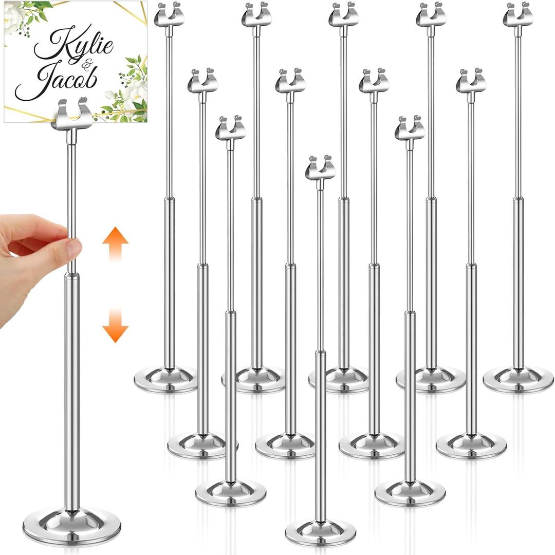 Kathfly Silver 12 Set Table Number Holders Adjustable Metal Place Card Holders Harp-clip Tabletop Sign Stands Detachable Card Holder for Weddings Birthday Restaurants Table Decor (7.9-13.2 Inch)