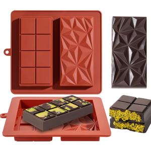 Chocolate Bar Mold Deep Dubai 1 Inch 2 Pcs Pistachio Silicone Thick Mold for Stuffed Bar, Large Candy Bar Mould for Filling (1in2pcs, Geometric Red)