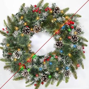 24 Inch Lighted Christmas Wreath, Artificial Christmas Wreaths for Front Door with 50 Warm White&Multicolored Dual Color Lights Timer 8 Modes 15 Pinecones 14 Berries 190 Tips Xmas Indoor Outdoor Home