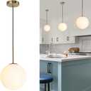 10" Milk Glass Pendant Light Mid Century Modern Globe Hanging Light Fixtures for Dining Room Kitchen Island Bedroom, Gold (Brass)
