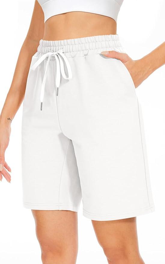 TARSE Women's Bermuda Shorts Long Cotton Loose with Pockets Knee Length for Yoga Casual Walking Exercise Shorts, Large 