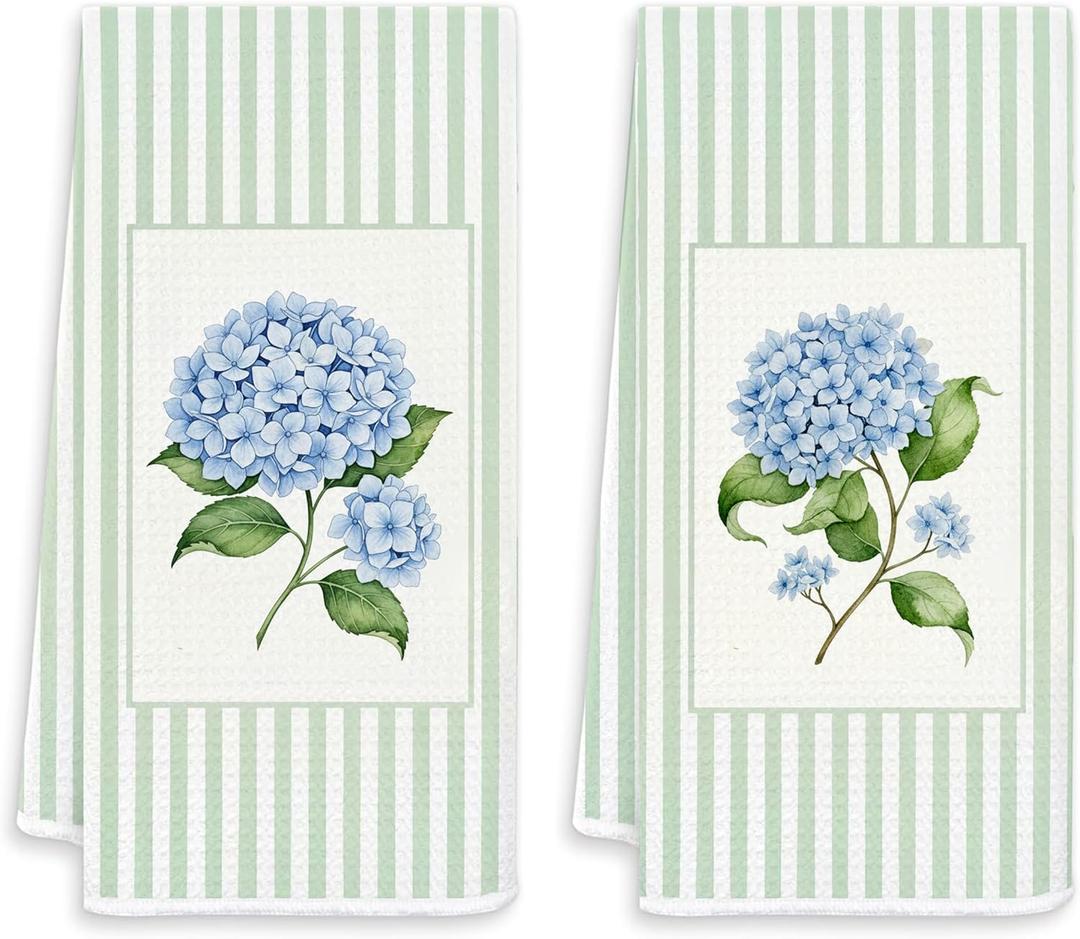 Blue Hydrangea Kitchen Towels, Preppy Green Striped Floral Decorative Hand Towels for Bathroom Kitchen, Hydrangea Floral Dish Tea Towel, 16x24 Inches Set of 2