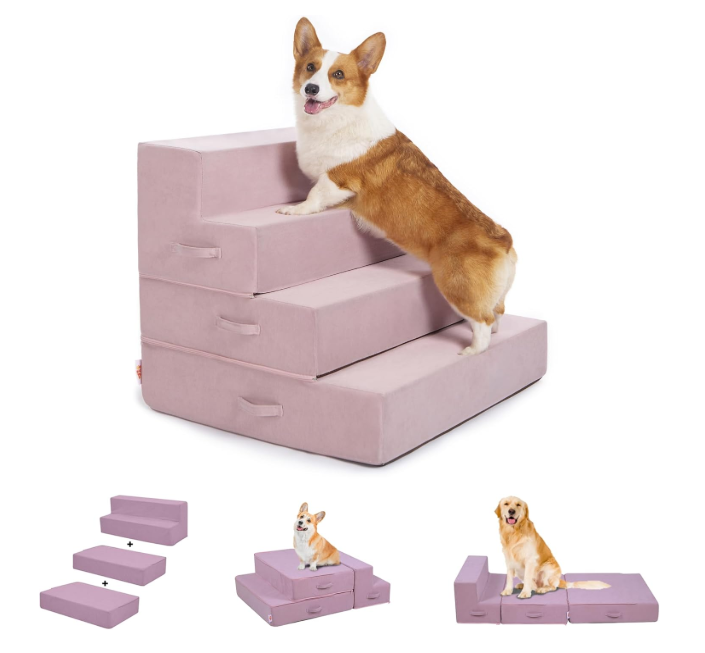 Multi-Function Pet Steps for Small & Medium Dogs, Extra-Wide (28") for Stability, Adjustable Heights for High Beds & Sofas, High-Density Foam, DIY into Various Dog Bed Sizes, 4 Steps, Warm Pink