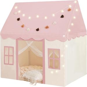 Large Kids Tent with mat, Star Lights, Tissue Garland, Play Tent Indoor & Outdoor, Kids Play Tent for Girl & Boy Aged 3+, Kids Tent for Toddler, 52" x35" x 52" Play House with Windows, Washable, Pink, Large Size