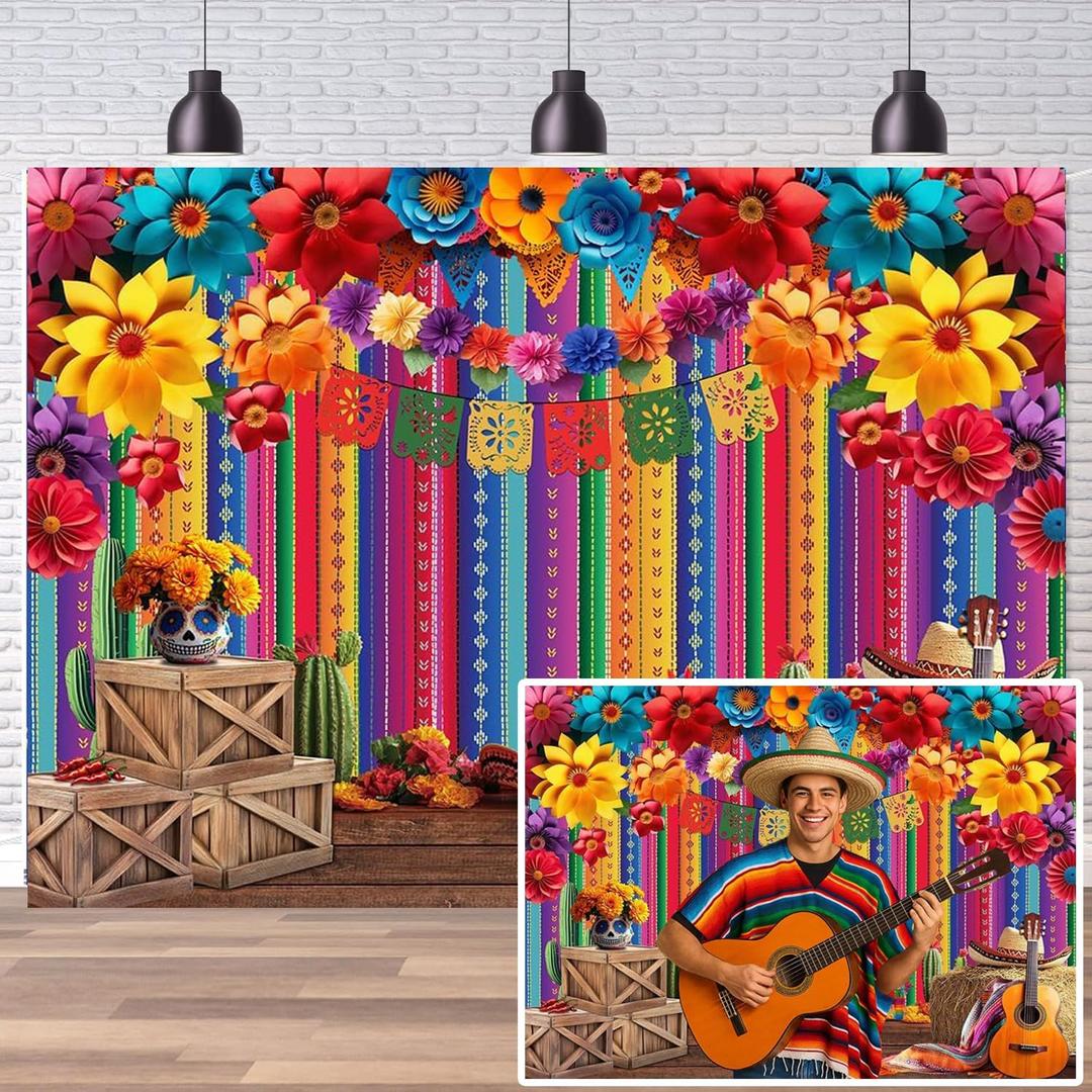 Dudaacvt 7x5ft Mexican Party Decorations Mexican Theme Backdrop Fiesta Photo Backdrop Cinco De Mayo Carnival Colorful Flags Striped Floral Banner Table Decor Background
