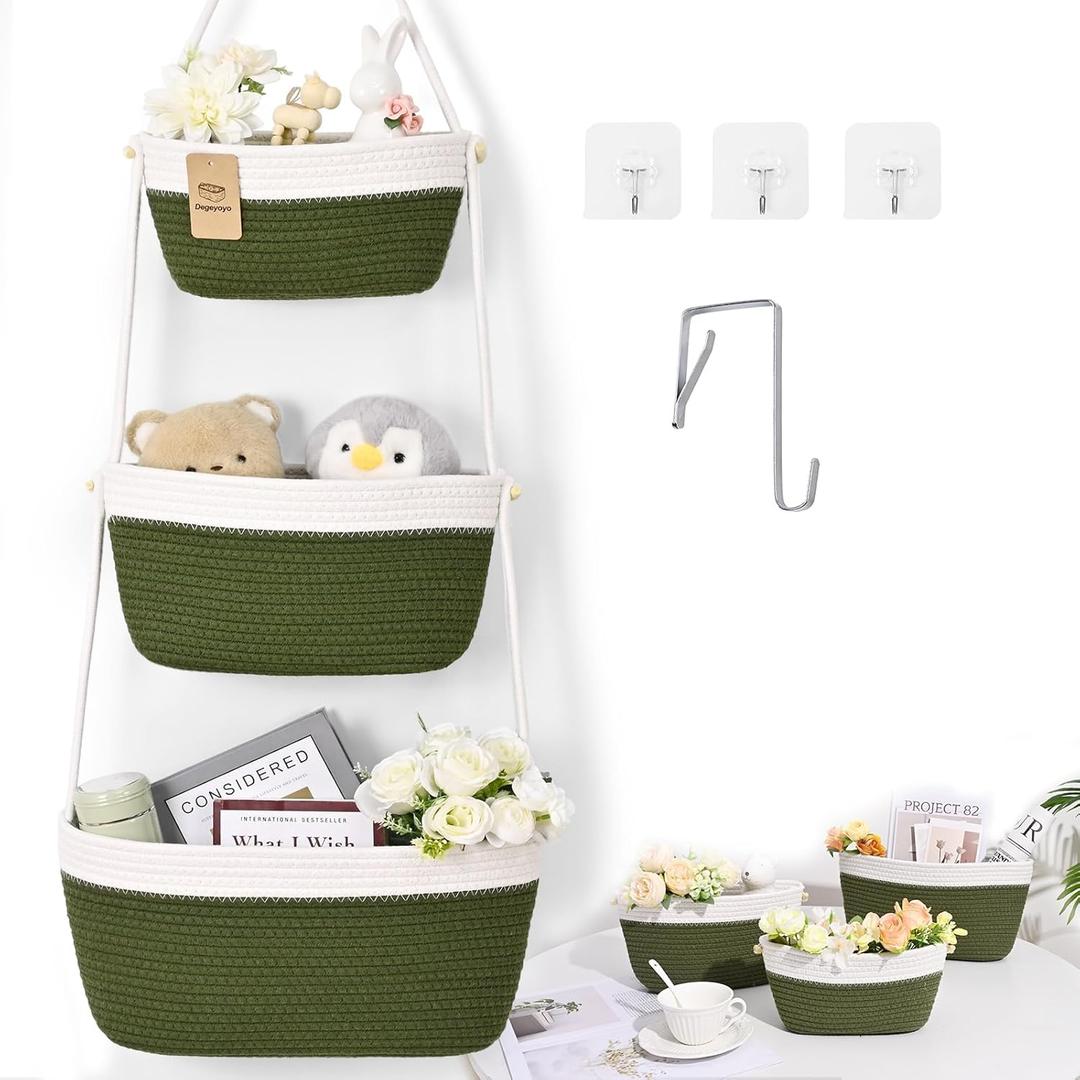 Hanging Basket, 3-Tier Woven Wall Basket with 4 Hooks, Cotton Rope Storage Baskets, Over the Door Organizer for Nursery, Bedroom, Cottage and Boho Wall Decor