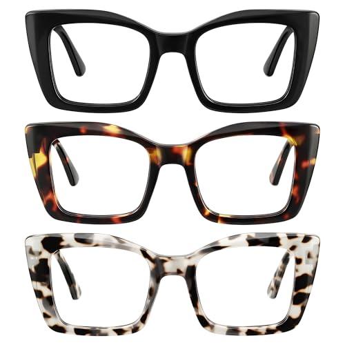 kunchu 3 Pack Reading Glasses for Women Oprah Style Oversized Square Reading Glasses Blue Light Blocking Spring Hinge Readers（MIX, 2.25X）