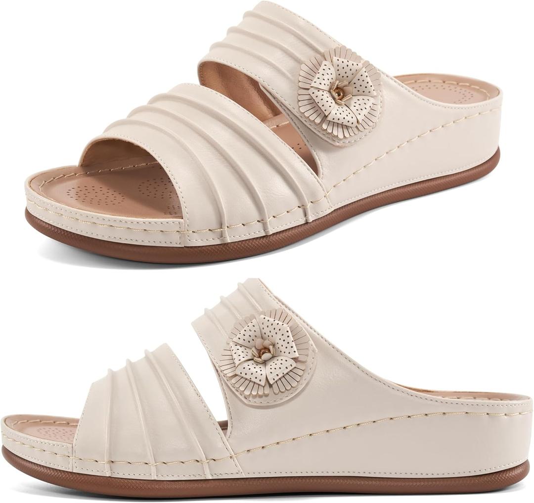 HARENCE Sandals for Women Wedge Slides: Comfortable Summer Beach Platform Shoes with Flowers Dressy Memory Foam Slip On Slide Sandals (7, Beige)
