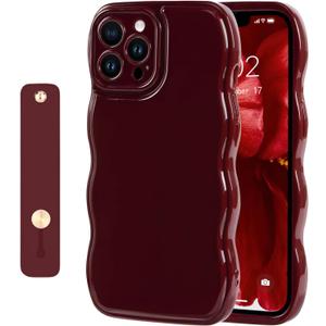 NITITOP Compatible with iPhone 13 Pro Max Case Cute Simple Wave Design Stylish Wavy Curly Frame with Wrist Adjustable Hand Strap Kickstand Grip Holder Soft Silicone Protective Cover - Wine Red