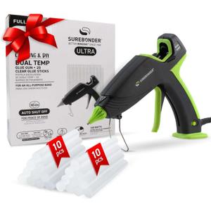 Surebonder Hot Glue Gun and Glue Sticks, Full Size 100W Dual Temperature Hot Glue Gun with 20 All Purpose Glue Sticks, 30 Minute Auto-Shut-Off, Black