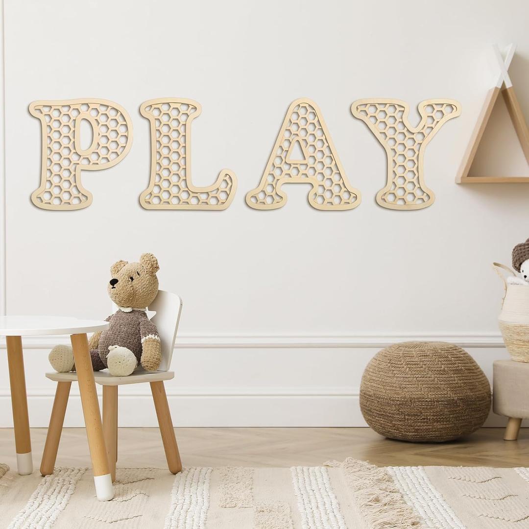RattanView Playroom Decor 12 in Wooden Rattan Letters Set Playroom Sign Decor Boho Wall Signs Play Wooden Rattan Letters Wall Decors for Art Nursery Room Decorations(Wood Color)