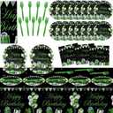 61 Pcs Green Silver Black Birthday Decorations Green Themed Party Tableware Set Confetti Sprinkles Decor Includes Plates Napkins Tablecloth for Men Women Dinner Gathering Supplies Serves 20 Guests