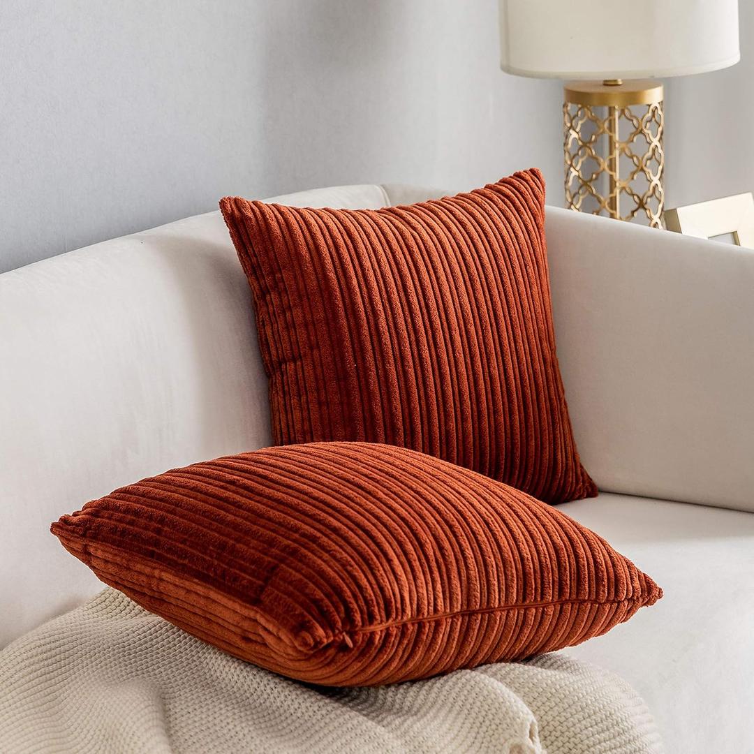 Kevin Textile Fall Solid Striped Velvet Corduroy Couch Chair Cushion Cover Throw Pillow for Seasonal Autumn, 20 x 20, 2 Pack, Burnt Brick