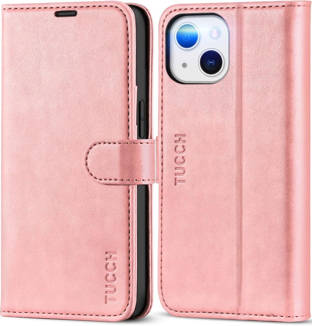 TUCCH Case for iPhone 13 5G 6.1-inch, Flip Wallet PU Leather Magnetic Protective Cover with [RFID Blocking] [Card Slot] Stand [Shockproof TPU Interior Case] Compatible with iPhone 13 2021, Rose Gold (Pink)