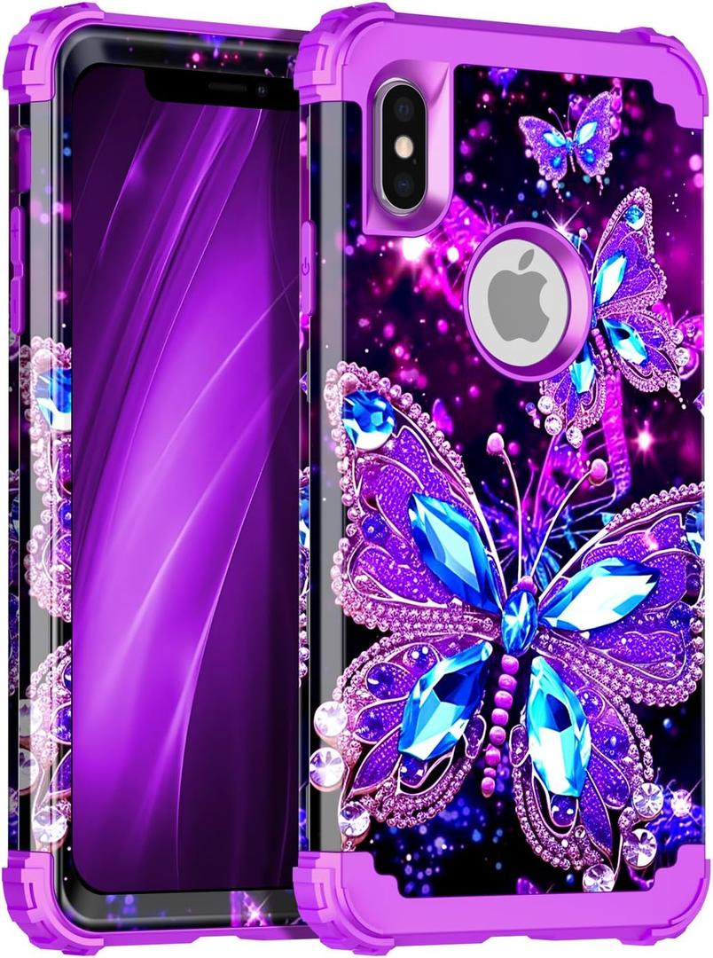 Miqala Compatible with iPhone Xs Max Case,Glow in The Dark Three Layer Heavy Duty Shockproof Hard Plastic Bumper+Soft Silicone Protective Case for Apple iPhone Xs Max,Dark Butterfly