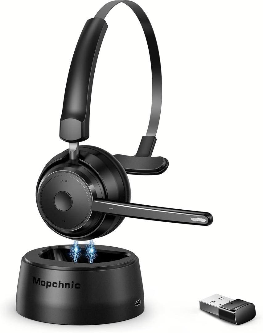 Mopchnic Bluetooth Headset, Wireless Headphone with AI Noise-Canceling Microphone On Ear Wireless Headset with USB Dongle for Computer Office