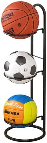 AGTEK Ball Display Rack,Storage Garage Organizer,Ball Shelf,Sports Equipment Organizer with 3 Baskets,for Basketball Football Soccerball,Black