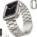 SUNFWR Compatible with Apple Watch Band 45mm 44mm 42mm for Men Women, Stainless Steel Metal iWatch Band with Case for Apple Watch Series 9/8/7/6/5/4/3/2/1/SE/SE2 (Titanium, 42mm/44mm/45mm) (Starlight)