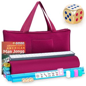 New American Mahjong Game Set, 166 Premium White Tiles with Portable Metal Dices, 4 All-in-One Racks with Pushers, Mah-Jong Games Sets, Ma Jong Tile Game (Red), 21.5 inches x 5.2 inches