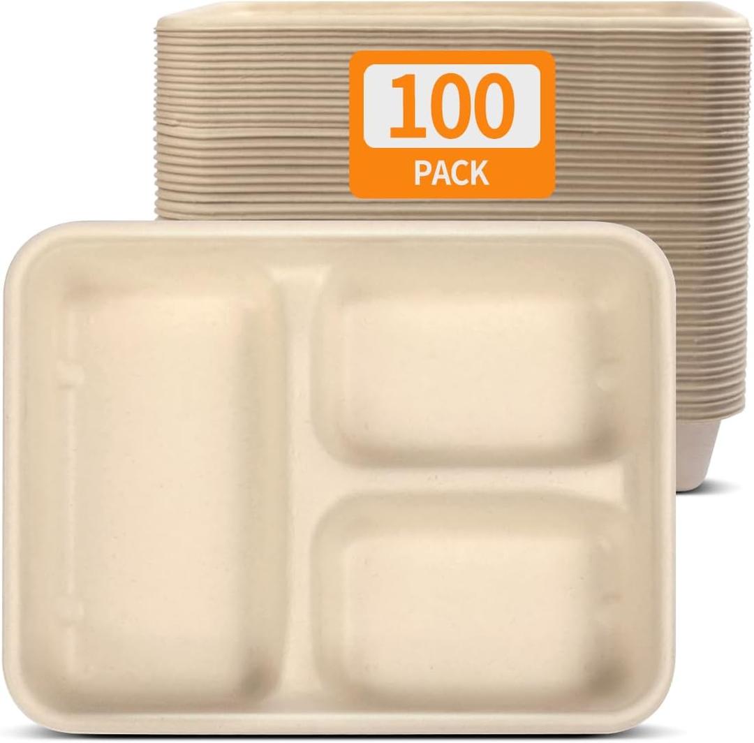 Celel 100 Pack 3 Compartment Paper Bowls for Dinner Dish with Sides and Chip Dips, Microwavable Compartment Paper Food Trays for Carnival Party Restaurant Catering