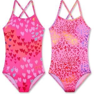LUOUSE Girls Sparkle Swimsuits Quick Dry Crossback One Piece Beach Swimwear Bathing Suit with Adjustable Strap 4-9 Years (5-6 Years, 30 Pink Heart/Pink Leopard)